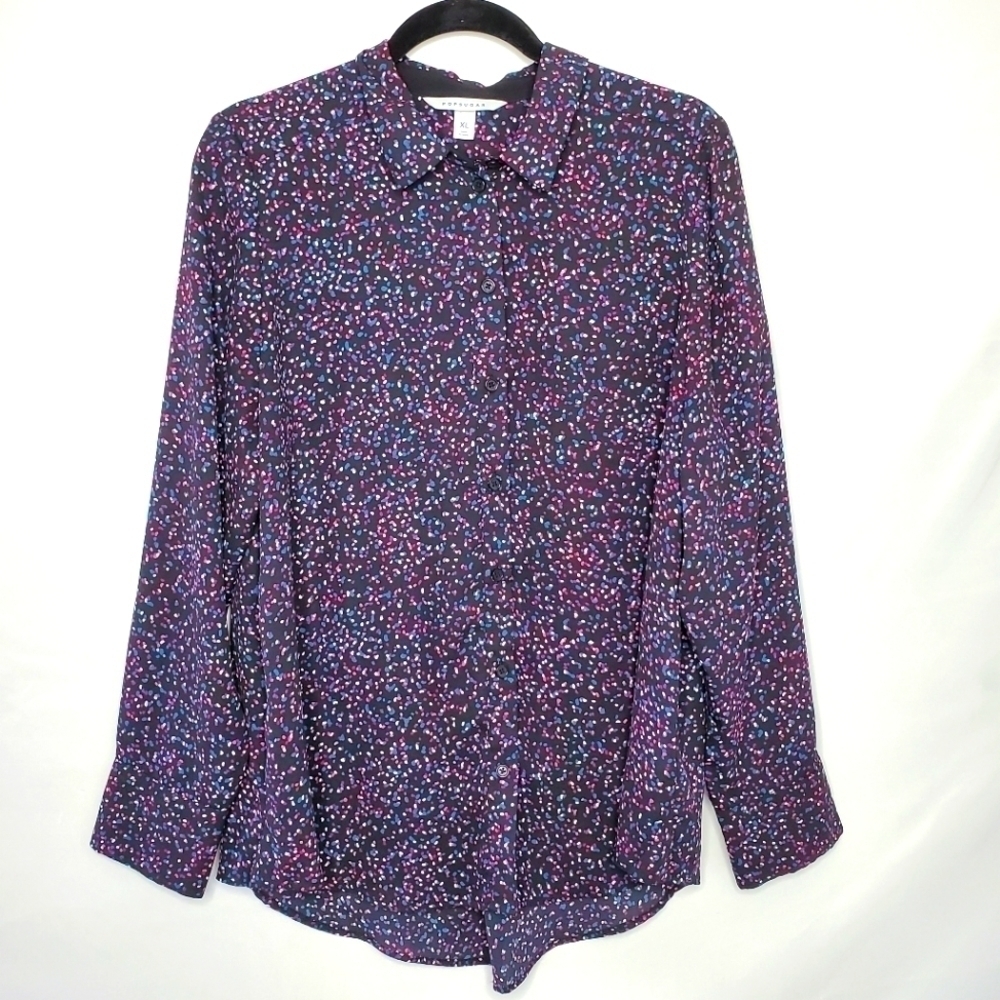 Confetti Print Long Sleeve Shirt Size XL Mini Dot Button Up Colorful Career Top